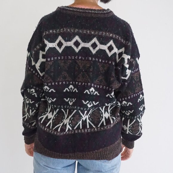 Vintage Michael Gerald Brown Fair Isle Knit Cardigan Cabincore Grandmacore M - Picture 2 of 10